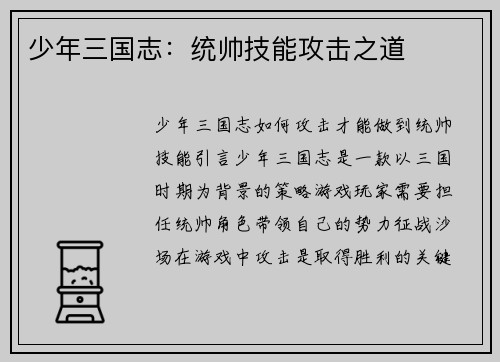 少年三国志：统帅技能攻击之道