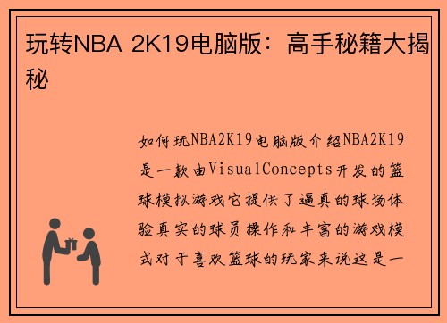 玩转NBA 2K19电脑版：高手秘籍大揭秘